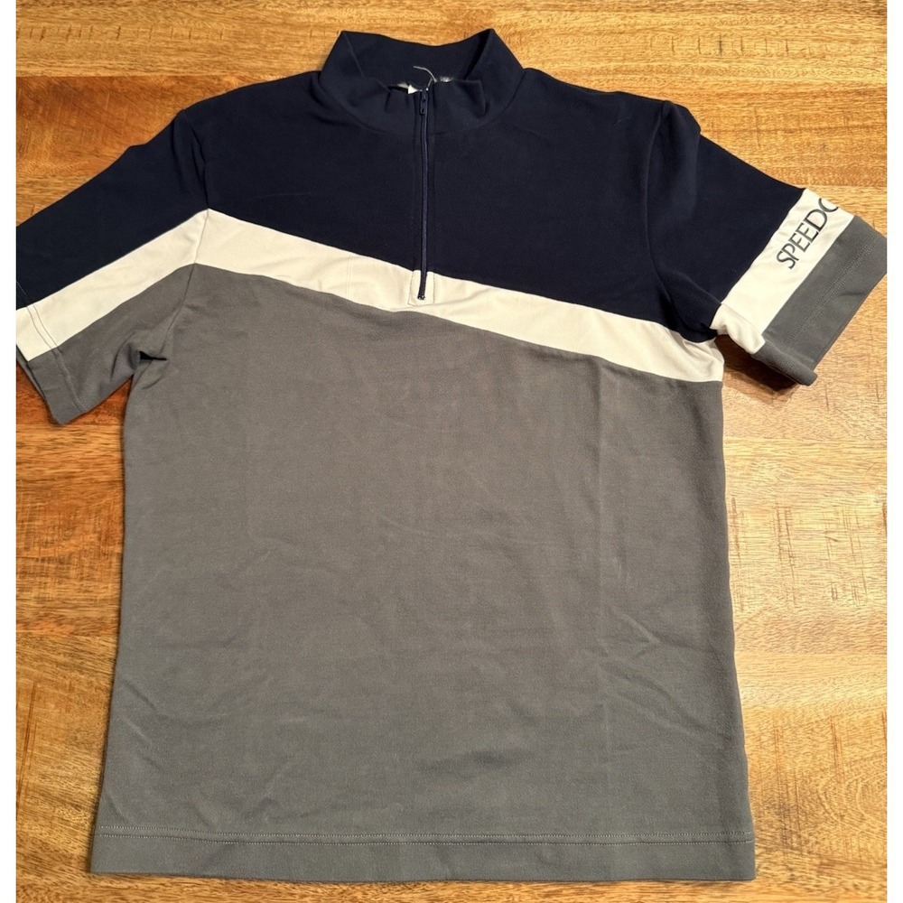 Speedo Colorblock 1/4 Zip Mock Neck T-Shirt Boys M Navy Gray White Activewear
